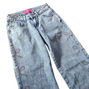 Telepatia Wide Leg Jeans Women 0/24 Light Blue Pink Bow Coquette Balletcore Y2K